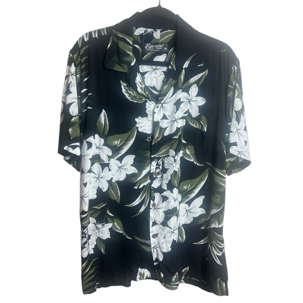 Favant Hawaii Short Sleeve Hawaiian Shirt Floral Tropical Button Black White